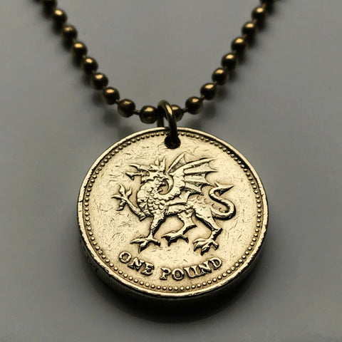 1995 Wales United Kingdom Great Britain 1 Pound coin pendant necklace jewelry red Welsh Dragon Cardiff Swansea Newport Wrexham Barry Neath Cwmbran Bridgend Llanelli Merthyr Caerphilly Port Talbot Tydfil British n001457