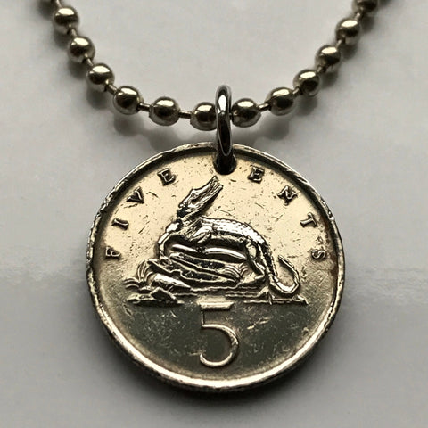 Colgante de moneda de 5 centavos de Jamaica de 1975, cocodrilo jamaiquino, caimán, patois, piñas, Montego Bay, Kingston, Ocho Ríos, collar n.° 000142