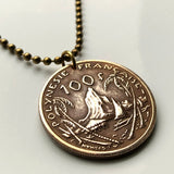 1984 French Polynesia Tahiti 100 Francs coin pendant necklace keychain key ring jewelry Morea Harbour Cook's Bay Huahine South Pacific Maori tiki Papeete Maohis charm n002929