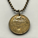 1955 Lebanon Liban 10 Piastres coin pendant Lebanese ship cedar tree Beirut Tripoli Jounieh Zahlé Sidon Aley Tyre Byblos Baalbek Batroun Nabatieh Zgharta Bint Jbeil Bsharri Baakleen Beqaa Valley Raouché Cedars of God Levant Levantine arabic n002418
