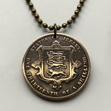 1870 Jersey 1/13th of a Shilling coin pendant 3 gold golden leopards lions shield Queen Victoria Normandy British UK necklace n002975