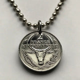 1965 Madagascar 2 Francs zebu bull horns Antananarivo Tana coin pendant Malagasy African Analamazoatra Reserve wildlife tourism n002994