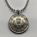 1985 India 50 Paise coin pendant Sarnath Lion Capital Ashoka Pillar Bombay Dharma Pune Bangalore Varanasi Ganges Punjabi Hindi Hindu n000333