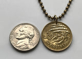 1955 Lebanon Liban 10 Piastres coin pendant Lebanese ship cedar tree Beirut Tripoli Jounieh Zahlé Sidon Aley Tyre Byblos Baalbek Batroun Nabatieh Zgharta Bint Jbeil Bsharri Baakleen Beqaa Valley Raouché Cedars of God Levant Levantine arabic n002418