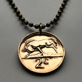 1970 South Africa 2 Cents coin pendant wildebeest gnu antelope Cape Town Pretoria Bloemfontein Azania Johannesburg Port Elizabeth Vereeniging Soshanguve Gauteng Limpopo Nguni Bantu Zulu Afrikaan safari Table Mountain n000545
