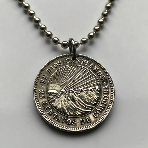 1950 Nicaragua 25 Centavos coin pendant necklace jewelry Managua volcanoes sunrise Francisco Hernandez Cordoba Sumo Rama Bilwi Jinotega Central America n002995