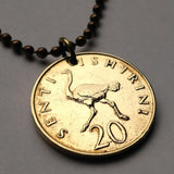 1975 Tanzania 20 Senti coin pendant  Ostrich African bird Dodoma Dar es Salaam Mwanza Arusha Mbeya Serengeti safari Mount Kilimanjaro Sukuma people Zanzibar Tanganyika Swahili East Africa Bantu Lake Victoria Moshi Bongo Flava Taarab music n000248