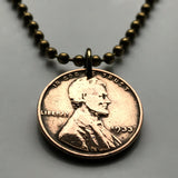 1957 USA United States of America Wheat Penny 1 Cent coin pendant necklace jewelry president Abraham Lincoln American Civil War Union the North Gettysburg Kentucky Indiana Washington New York Illinois n003038