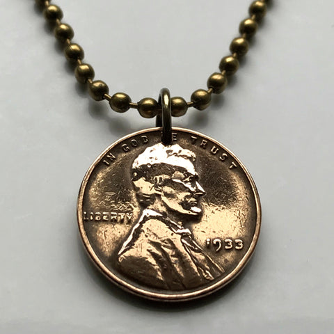 1950 1957 or 1958 USA United States of America Wheat Penny 1 Cent coin pendant necklace jewelry president Abraham Lincoln American Civil War Union the North Gettysburg Kentucky Indiana Washington New York Illinois n003038