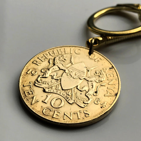 1978 Kenya 10 Cents coin pendant keychain keyring Kenyan lions Nairobi East Africa Kikuyu Luhya Luo Kiswahili Great Rift Valley Lamu safari spears n001583