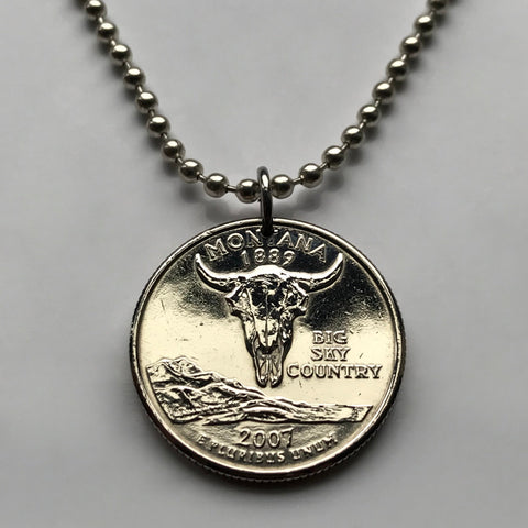 2007 USA United Staes Of America Quarter 25 Cents coin pendant necklace American fashion jewelry Bison buffalo skull Montana bull's horn Glacier National Park Bozeman Butte Helena Kalispell n003058