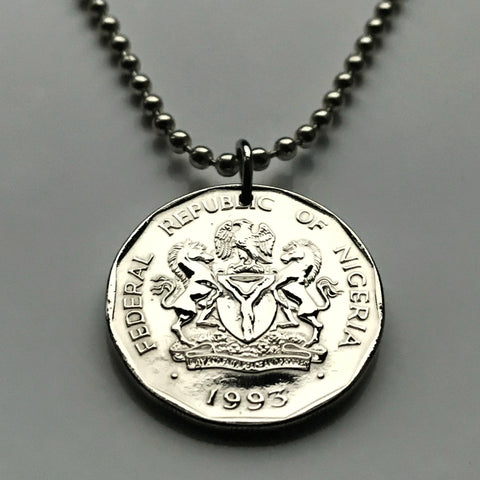 1993 Nigeria 50 Kobo coin pendant necklace jewelry Nigerian horse eagle Abuja Lagos black shield African Zuma Rock Kanos Port Harcourt Super Eagles n001855
