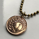 1974 New Zealand 1 Cent coin pendant Silver fern leaf ponga Wellington Marae Koruru Hawaiki North South Island haka necklace n000550
