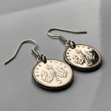 UK United Kingdom Scotland 5 Pence coin earrings crowned Scottish thistle Edinburgh Glasgow Aberdeen Dundee Paisley Stirling St Andrews Perth royal badge Scots jewelry British e000024