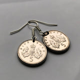 UK United Kingdom Scotland 5 Pence coin earrings crowned Scottish thistle Edinburgh Glasgow Aberdeen Dundee Paisley Stirling St Andrews Perth royal badge Scots jewelry British e000024