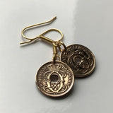 Denmark Danmark Danskere 1 Ore coin hook earrings fashion jewelry Danish crown initial C X Copenhagen Aarhus Odense Aalborg Danes Nordic Scandinavia Zealand Funen Viking Faroese Amalienborg Palace Norse king queen dangle and drop e000058