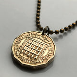 1962 England United Kingdom Great Britain 3 Pence coin pendant Tudor portcullis castle gate House of Beaufort Amberley Hever Castle Westminster Palace Monk Bar Tower of London Birmingham Leeds Yorkshire Manchester Bristol Newcastle Liverpool n000415