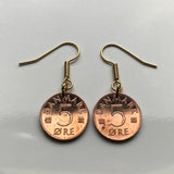 Denmark 5 Ore Danish coin earrings initial M Copenhagen crown Danmark Danes Scandinavia Nordic Norse hook dangle & drop e000040