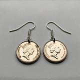 Scotland United Kingdom UK 5 Pence coin earrings crowned Scottish thistle Edinburgh Glasgow Aberdeen Dundee Paisley Stirling St Andrews Perth royal badge Scots jewelry British e000024