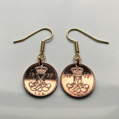 Denmark 5 Ore Danish coin earrings initial M Copenhagen crown Danmark Danes Scandinavia Nordic Norse hook dangle & drop e000040