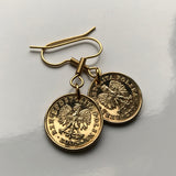 Poland Polska 1 Grosz coin earrings white Polish eagle Warsaw Kraków Poznań Polak Poles Slavic West Slavs Oświęcim hook earrings e000153