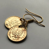 Poland Polska 1 Grosz coin earrings white Polish eagle Warsaw Kraków Poznań Polak Poles Slavic West Slavs Oświęcim hook earrings e000153