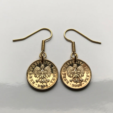 Poland Polska 1 Grosz coin earrings white Polish eagle Warsaw Kraków Poznań Polak Poles Slavic West Slavs Oświęcim hook earrings e000153