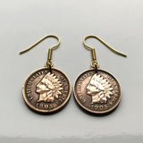 USA coin earrings Native American Indian Head 1 Cent First Nations Chief Tribal feathered headdress War bonnet Great Plains Civil War Navajo Cherokee Choctaw Chippewa Sioux Apache Blackfeet Creek Iroquois Lumbee Pueblo Chickasaw Yup'ik Potawatomi e000171