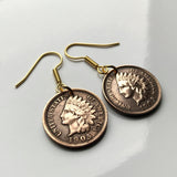 USA coin earrings Native American Indian Head 1 Cent First Nations Chief Tribal feathered headdress War bonnet Great Plains Civil War Navajo Cherokee Choctaw Chippewa Sioux Apache Blackfeet Creek Iroquois Lumbee Pueblo Chickasaw Yup'ik Potawatomi e000171