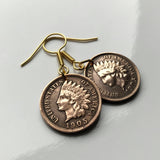 USA coin earrings Native American Indian Head 1 Cent First Nations Chief Tribal feathered headdress War bonnet Great Plains Civil War Navajo Cherokee Choctaw Chippewa Sioux Apache Blackfeet Creek Iroquois Lumbee Pueblo Chickasaw Yup'ik Potawatomi e000171