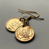 Poland Polska 1 Grosz coin earrings white Polish eagle Warsaw Kraków Poznań Polak Poles Slavic West Slavs Oświęcim hook earrings e000153