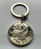 1973 Barbados 2 Dollar coin keychain coral reef fish Barbadian Bridgetown trident dolphin fish pelican South Point Lighthouse beach k000055