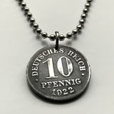 1921 Germany Deutschland 10 Pfennig coin pendant necklace jewelry black German eagle Berlin Munich Dresden Bonn Hanover Leipzig Dortmund Bremen Bavaria n001038