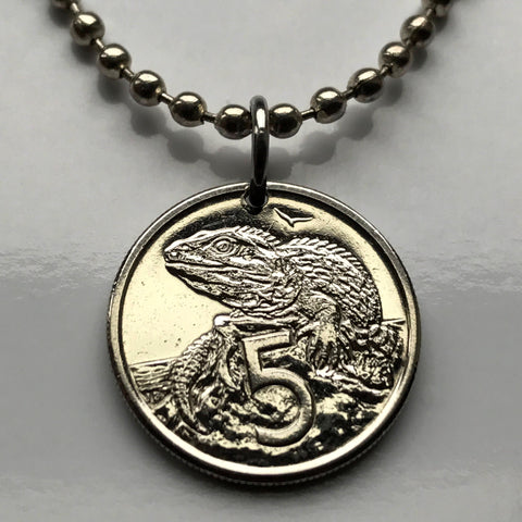 1995 New Zealand 5 Cent coin pendant Tuatara Lizard reptile iguana dragon UK British endemic animal Hawaiki Maori Polynesia n000243