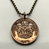1973 Nigeria 1 Kobo coin pendant Nigerian horse eagle Abuja Lagos black shield West Africa Zuma Rock Victoria Island Harcourt Ibo n001572