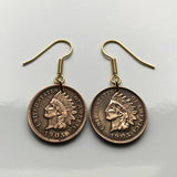 USA coin earrings Native American Indian Head 1 Cent First Nations Chief Tribal feathered headdress War bonnet Great Plains Civil War Navajo Cherokee Choctaw Chippewa Sioux Apache Blackfeet Creek Iroquois Lumbee Pueblo Chickasaw Yup'ik Potawatomi e000171