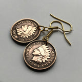 USA coin earrings Native American Indian Head 1 Cent First Nations Chief Tribal feathered headdress War bonnet Great Plains Civil War Navajo Cherokee Choctaw Chippewa Sioux Apache Blackfeet Creek Iroquois Lumbee Pueblo Chickasaw Yup'ik Potawatomi e000171