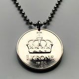 Norway Norge Noreg 1 Krone coin pendant necklace jewelry Norwegian crown Oslo Bergen Nynorsk Bokmål Stavanger Sandnes Nordic Scandinavian king queen Lillehammer Drammen Fredrikstad/Sarpsborg Hordaland Sami Norsemen Viking Trondheim Den norske løve n000173