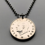 Norway Norge Noreg 1 Krone coin pendant necklace jewelry Norwegian crown Oslo Bergen Nynorsk Bokmål Stavanger Sandnes Nordic Scandinavian king queen Lillehammer Drammen Fredrikstad/Sarpsborg Hordaland Sami Norsemen Viking Trondheim Den norske løve n000173