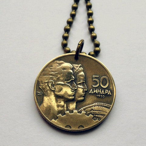 1955 Yugoslavia 50 Dinara coin pendant necklace Socialist Federal Republic Communist Slovenia Macedonia Montenegro Croatia Serbia necklace n000959