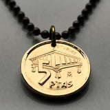 1995 Spain 5 Pesetas coin pendant Asturias hórreo Cruz de la Victoria Oviedo Gijón Avilés Spanish España Asturian necklace n000761