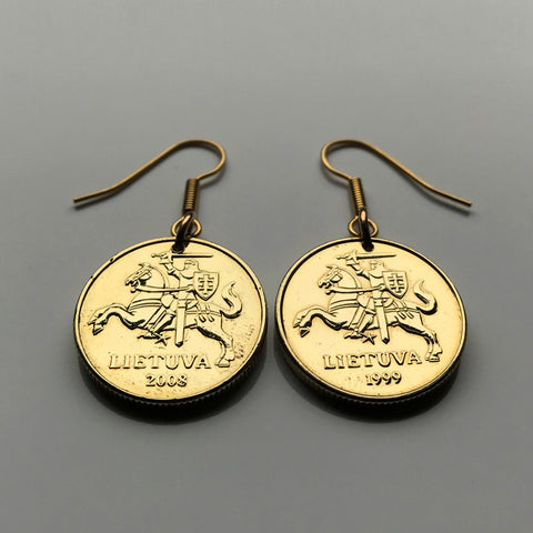 Lithuania 20 Centu coin earrings Vytis horse back armored knight Vilnius Kaunas Klaipėda Šiauliai medieval Vityaz Marijampolė Jonava Utena Curonian Spit Panevėžys Pahonia Alytus Mažeikiai Trakai Island Castle Kėdainiai Kernavė Hill of Crosses e000216