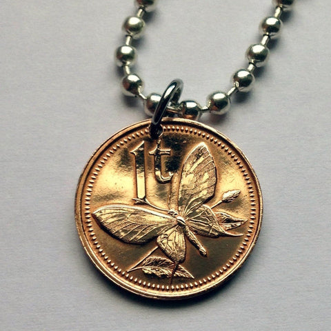 1975 Papua New Guinea 1 Toea coin pendant necklace jewelry Birdwing butterfly Swallowtail Raggiana bird Kumuls Kavieng Tok Pisin Kimbe Bay Tufi Oceania n000906