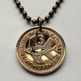 1955 Cyprus 3 Mils coin pendant Cypriot flying fish Nicosia fishing Mediterranean sea jewelry UK British Greek Turkey ocean necklace n000139