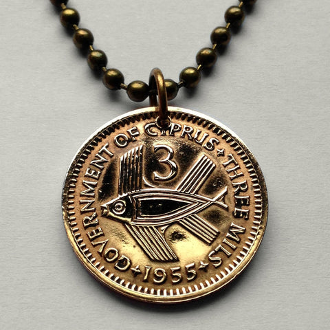 1955 Cyprus 3 Mils coin pendant Cypriot flying fish Nicosia fishing Mediterranean sea jewelry UK British Greek Turkey ocean necklace n000139