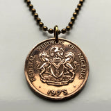 1973 Nigeria 1 Kobo coin pendant Nigerian horse eagle Abuja Lagos black shield West Africa Zuma Rock Victoria Island Harcourt Ibo n001572