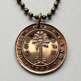 1943 Ceylon Sri Lanka 1 Cent coin pendant Palm Tree Colombo Kotte Sinhalese Buddhism Anuradhapura Kataragama Sabaragamuwa British UK n000790