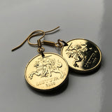 Lithuania 20 Centu coin earrings Vytis horse back armored knight Vilnius Kaunas Klaipėda Šiauliai medieval Vityaz Marijampolė Jonava Utena Curonian Spit Panevėžys Pahonia Alytus Mažeikiai Trakai Island Castle Kėdainiai Kernavė Hill of Crosses e000216