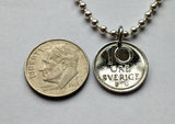 1973 Sweden Sverige 10 Ore coin pendant necklace jewelry Swedish crown initial G A Stockholm Västerås Helsingborg Norrköping Smolandia Nordic n000393