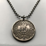 1939 Mexico 10 Centavos coin pendant necklace jewelry Aztec Sun Stone Tonatiuh calendar monolith solar deity San Angel Mesoamerica golden eagle n001108